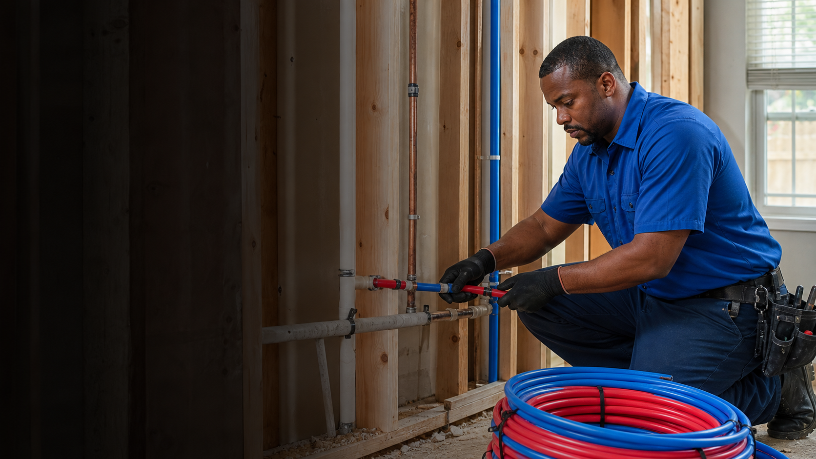Mark Johnson & Sons Plumbing technician installing new PEX water lines during a whole-home repipe in a North Louisiana home
